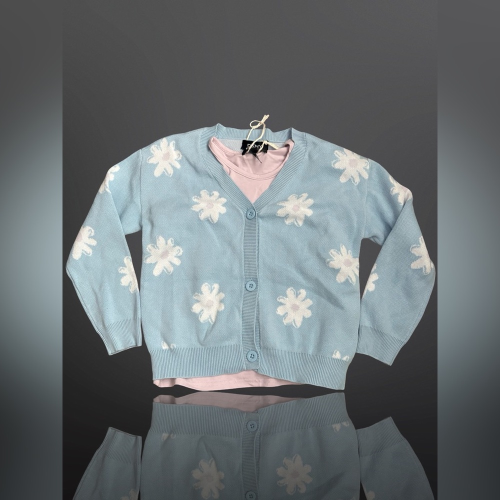 DKNY Blue Floral Youth 2-piece Cardigan Set Size Medium 10/12
